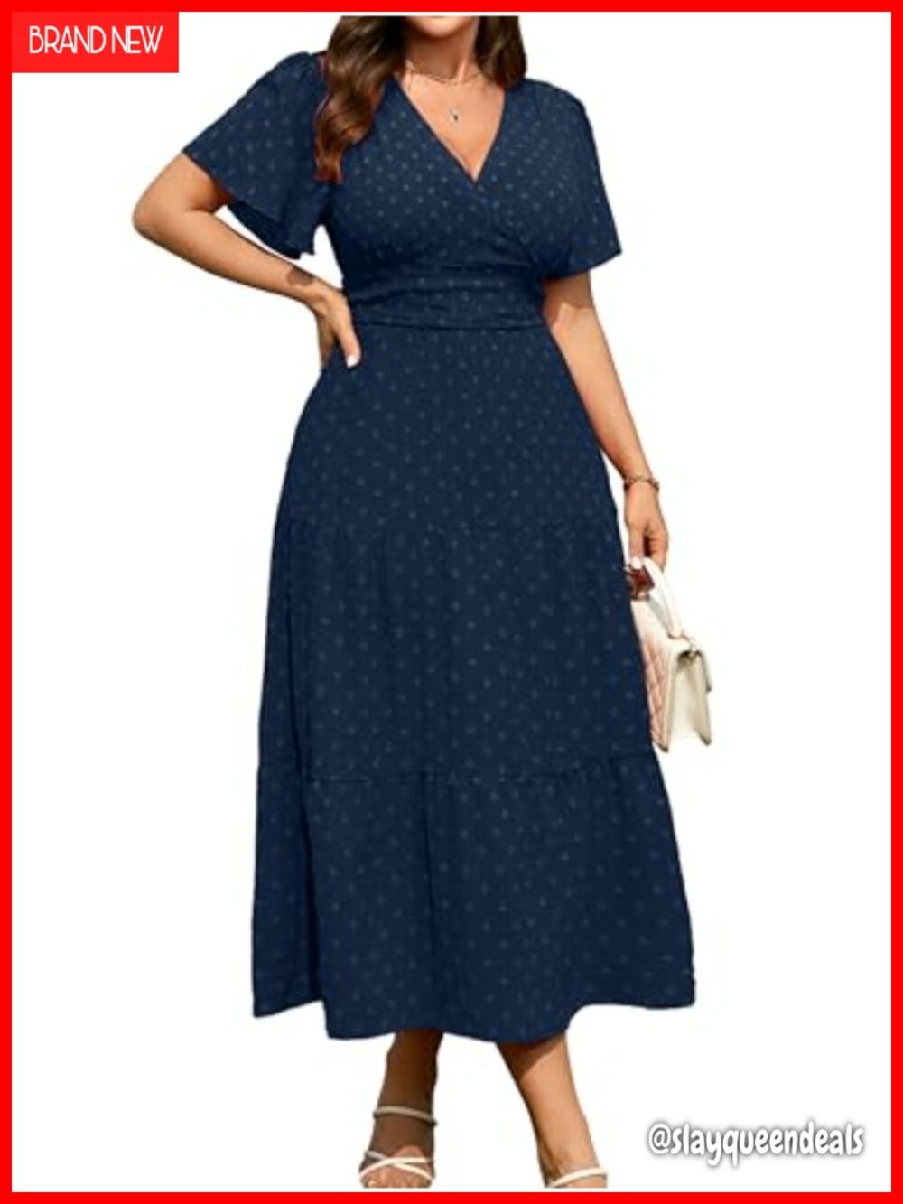 RWJ Women's Plus Size Wrap V Neck Short Sleeve Swiss Dot Maxi Dress